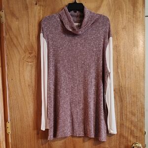 Sweet Journey Ribbed Mixed Media Turtleneck Top Marled Burgundy Cream Sleeves 2X